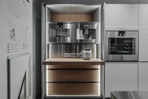 Icon by Giuseppe Bavuso has pocket doors that open and retract to conceal appliances, such as the Gaggenau combi steam oven and espresso machine