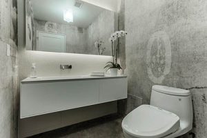Antoniolupi urban-inspired bathroom with Panta Rei cabinet, Corian top and Myslot integrated sink