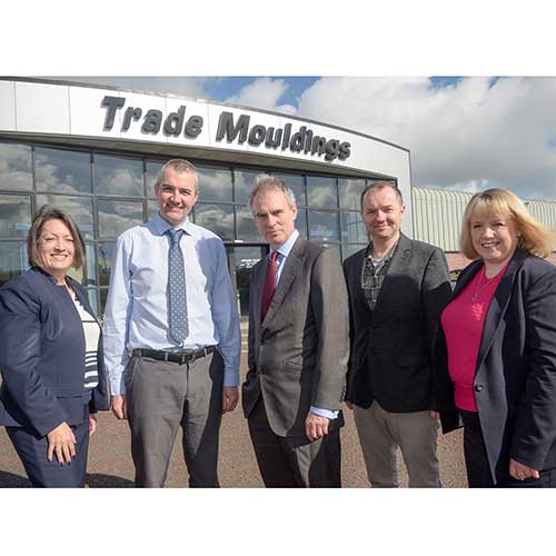 Pictured left to right outside Trade Moulding’s Cookstown factory: Frances Hill, Bank of England agent for Northern Ireland; Damien Connolly, sales director, Trade Mouldings; Dr Ben Broadbent, Deputy Governor of the Bank of England; Conor MacOscar, managing director, Trade Mouldings; and Gillian Anderson, Bank of England deputy agent for Northern Ireland