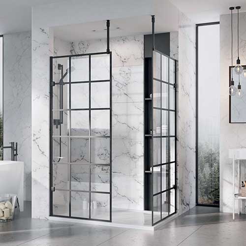 Roman Showering Liber8 black grid wet room panels