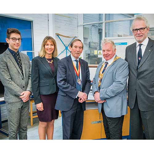 L to R: student Maciej Dynos, headteacher Tracey Hartley, Master Dr Tony Smart, Mayor of High Wycombe Cllr. Brian Pearce, education chairman at The Furniture Makers’ Company Charles Vernon