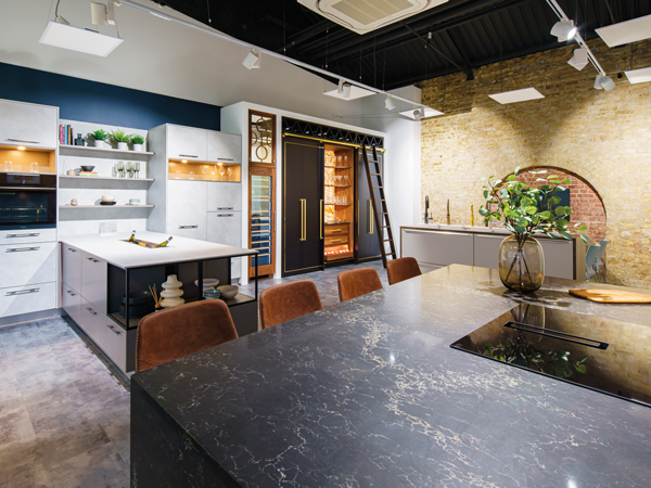 The showroom hosts five main displays including kitchens from Nolte and Keller, a BKNC hand-made pantry and home bar, and a Quooker tap display